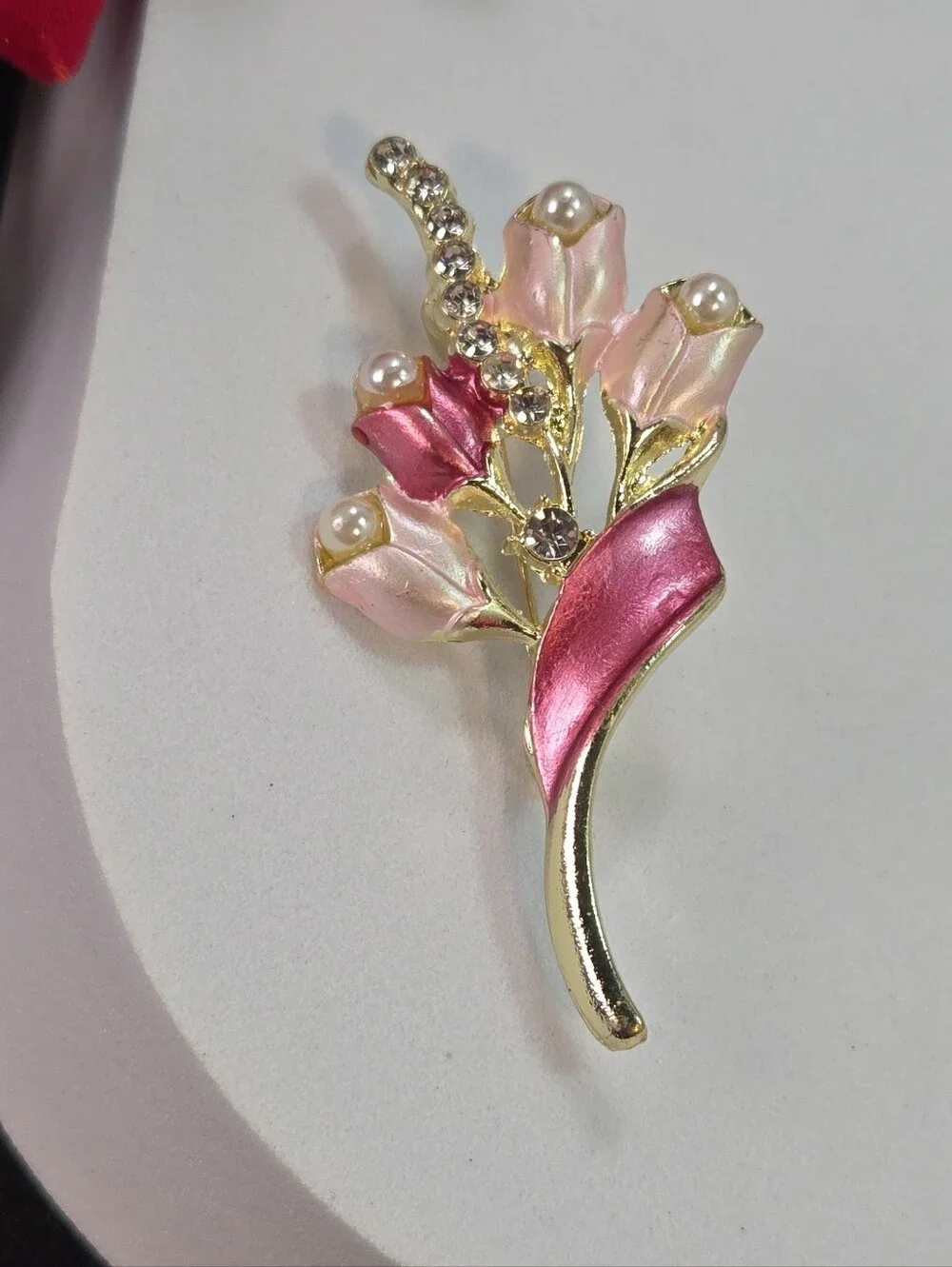Pink Tulip Bouquet Brooch Pearl Crystal Gold Floral Coquette Pin Garden Chic